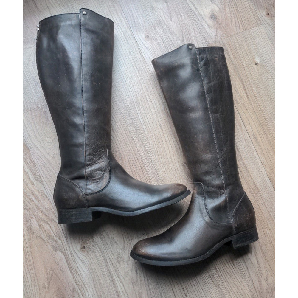 Frye Melissa Stud Back Zip Riding Boots Distressed Dark Brown Leather